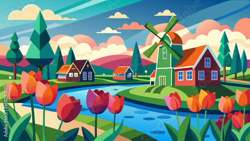 Vector art of a vibrant dutch countryside scene showcases a windmill, quaint houses, and a river lined with blooming tulips