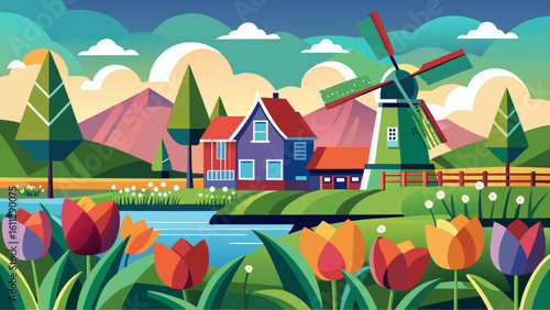 Vector art of a charming dutch village scene features a traditional windmill and colorful tulips flourishing beside a tranquil waterway