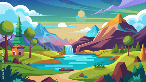 Vector art of a breathtaking mountain landscape showcases a cascading waterfall flowing into a serene turquoise lake surrounded by lush greenery