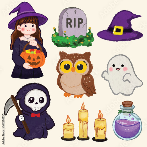 Kawaii Halloween Clipart Bundle – Perfect for Stickers, Cards, and Decorations