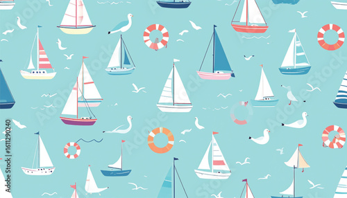 かわいい手描き風のマリンボートとヨットのシームレスパターン

