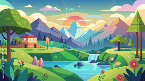 Vector art of a charming cartoon landscape features a waterfall cascading into a river, with a distant village and mountains under a soft sunset