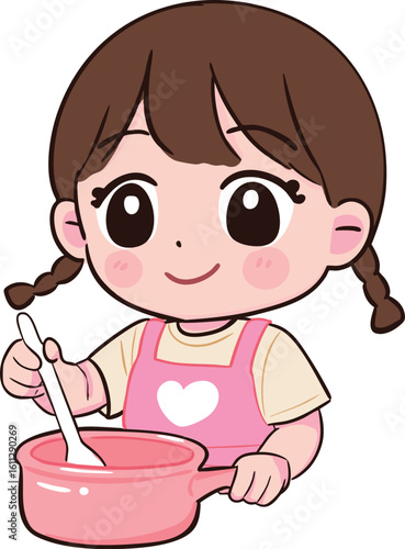 Adorable Kawaii Girl Cooking – Vector for Children’s Clipart and Kitchen Education