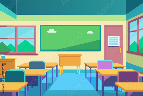 Spacious empty classroom interior with desks and chairs