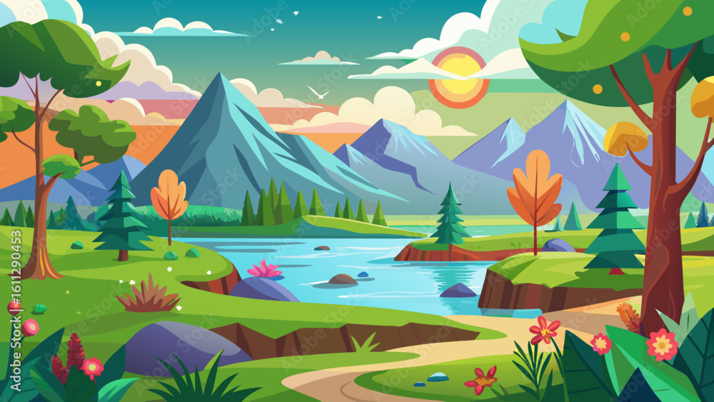 Fototapeta premium Vector art of a breathtaking mountain vista with a clear river, rolling green hills, and trees, under a sky painted with the warm hues of sunrise