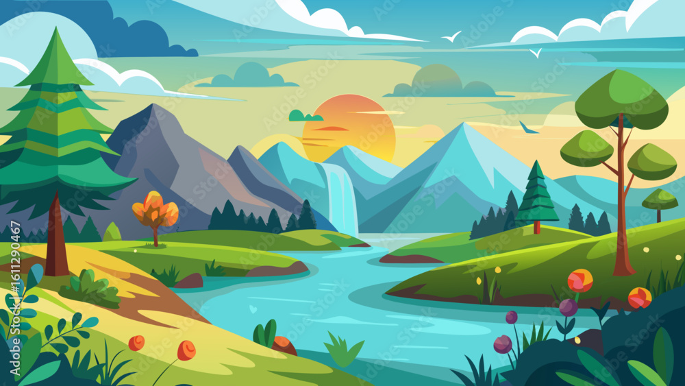 Obraz premium Vector art of a vibrant cartoon landscape unfolds with majestic mountains, a winding river, and lush greenery under a colorful sunset sky