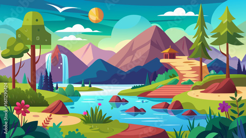 Vector art of a picturesque natural landscape with mountains, a river, a waterfall, and a small building on a cliff, bathed in the warm glow of the sun