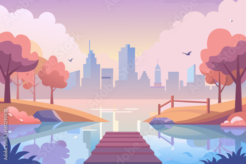Vibrant urban cityscape at dawn, featuring a sprawling city skyline with modern architecture, towering skyscrapers, and a tranquil river flowing through the bustling downtown