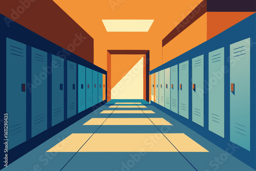 Long empty hotel corridor with modern interior design and perspective