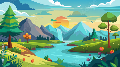 Vector art of a vibrant cartoon landscape unfolds with majestic mountains, a winding river, and lush greenery under a colorful sunset sky