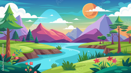 Vector art of a picturesque cartoon valley features striking pink mountains, a flowing river, and vibrant flora under a warm, setting sun