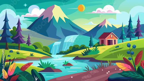 Vector art of a charming cartoon scene depicts a cozy cabin nestled beside a waterfall in a valley with snowcapped mountains and a bright sun