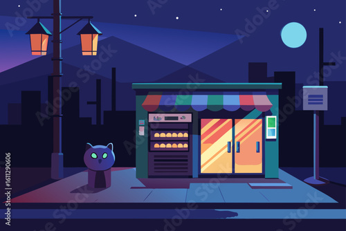 Feline silhouette on a moonlit city rooftop with illuminated building windows