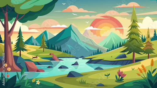 Vector art of a majestic mountain vista unfolds with a tranquil river, rolling hills, and a deer grazing peacefully under a colorful sunset sky