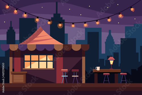 Santa Claus at night in a cozy cafe interior with a window view of the city street, a perfect Christmas illustration