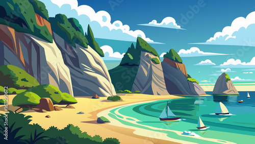 Vector art of sailboats glide across the turquoise water near a sandy beach with dramatic cliffs under a bright blue sky with fluffy clouds