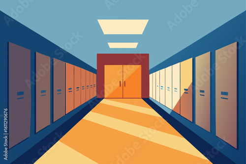 Long, empty building hallway with multiple doors and a bright light at the end, leading to an entrance