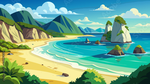 Vector art of a beautiful beach scene features vibrant turquoise ocean waves lapping against a golden sand shore, with dramatic cliffs and mountains in the background