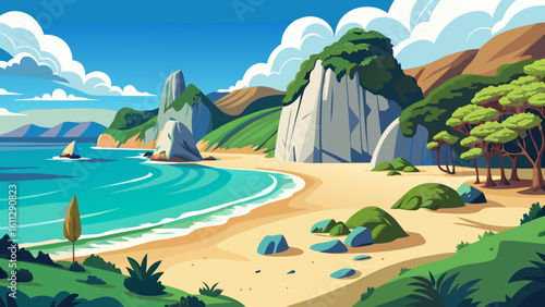 Vector art of a stunning coastal landscape unfolds with turquoise waters, sandy shores, and lush green mountains under a bright blue sky with fluffy clouds