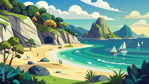 Vector art of sailboats gracefully glide across the clear blue ocean waters near a picturesque beach lined with green hills and dramatic rock formations