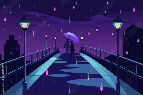 Dark silhouette of a romantic couple walking on a night city street under the moon and stars, with soft city lights illuminating the scene