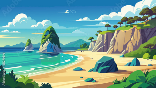 Vector art of a serene beach offers a tranquil escape with gentle waves, golden sand, and majestic greencapped rocks against a backdrop of rolling hills