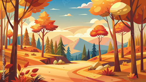 Vector art of a winding path leads through a vibrant autumn forest with colorful trees and distant mountains under a bright sky