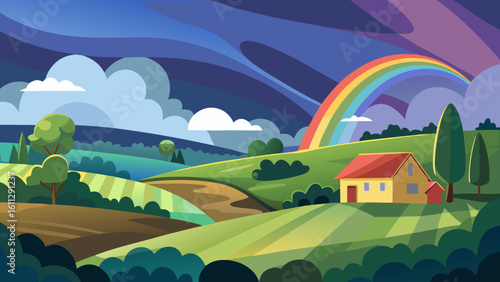 Vector art of a bright rainbow emerges from dramatic clouds over a peaceful rural landscape with a charming farmhouse and green fields