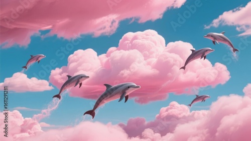 Dolphins and Birds Soaring Among Pink Clouds in a Dreamy Sky