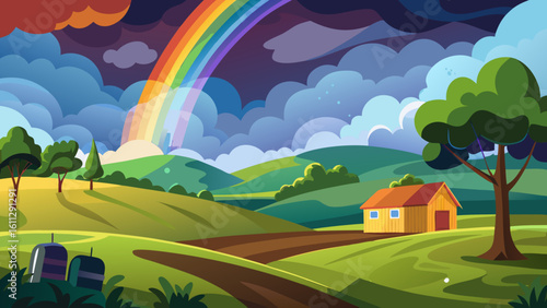 Vector art of a vivid rainbow illuminates a cloudy sky above a picturesque countryside scene with a rustic farmhouse and rolling green hills