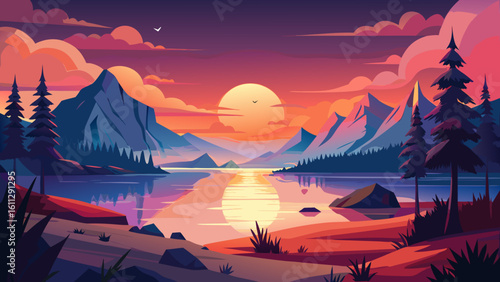 Vector art of a breathtaking sunset paints the sky with vibrant colors over a serene mountain lake, reflecting the warm glow onto the calm water