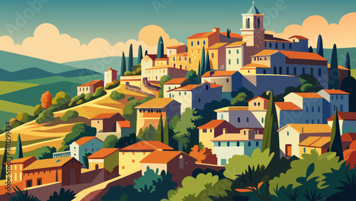 Vector art of a charming italian village nestled on a sundrenched hillside, with terracotta roofs and cypress trees reaching towards the sky
