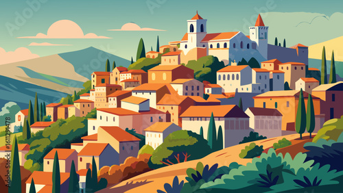 Vector art of a picturesque italian town unfolds across a rolling landscape, its ancient buildings bathed in the warm glow of the afternoon sun
