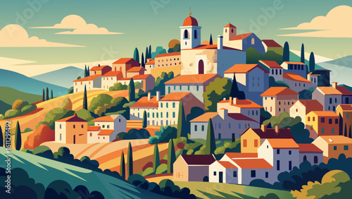 Vector art of an idyllic european village cascades down a vibrant hillside, featuring colorful buildings and lush greenery under a bright sky