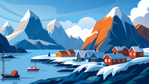 Vector art of a serene norwegian fjord landscape with snowcapped mountains and cozy red houses by the water