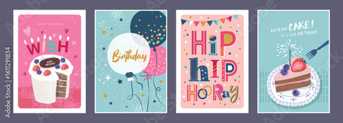 Set of lovely birthday cards design with cakes, balloons and typography design.
