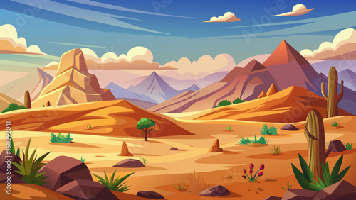 Vector art of a picturesque desert scene features majestic mountains, unique rock spires, and resilient cacti against a backdrop of a colorful sky with scattered clouds