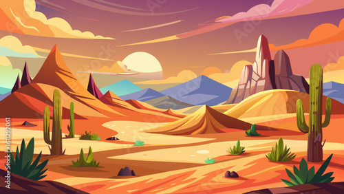 Vector art of a breathtaking desert sunset illuminates the sky with hues of orange and purple, casting dramatic shadows on the rugged mountains and sand