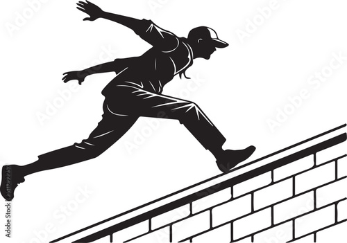 Black and white silhouette of a man jumping over a brick wall during parkour