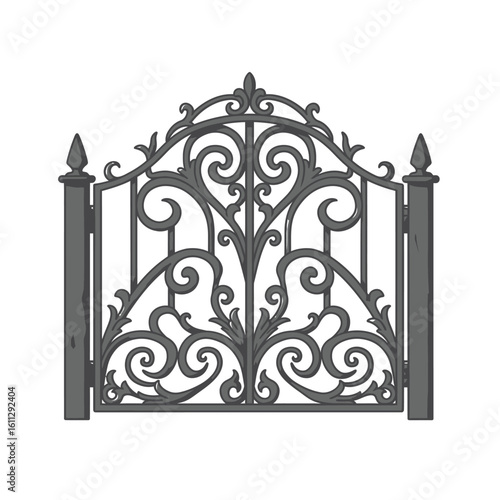 Ornate vintage gate illustration with intricate scrollwork. Hand-forged design from a traditional blacksmith, isolated vector element.