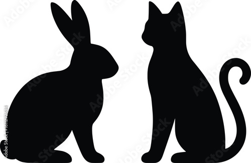 Animal silhouette illustration, sitting rabbit and cat vector, minimal black design with distinct pet posture, CAD drawing flat composition