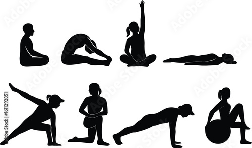 Cad Drawing Flat Vector Illustration, Yoga Pose Silhouette Icon Set, Fitness Ball and Exercise Graphic, Workout Symbol Collection, Black Design