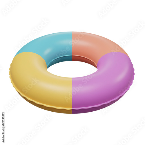 Vibrant inflatable swim ring featuring a playful four-color design, ready for summer water fun and relaxation.