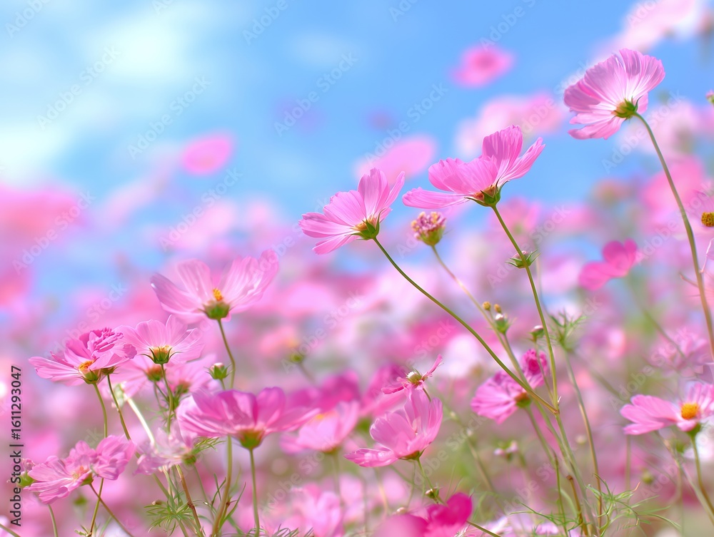 Obraz premium 青空に揺れる満開のコスモス畑