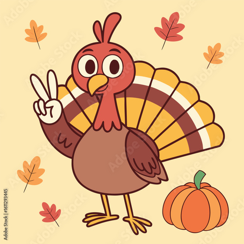 Cheerful cartoon turkey gives the peace sign amid autumn leaves and a pumpkin
