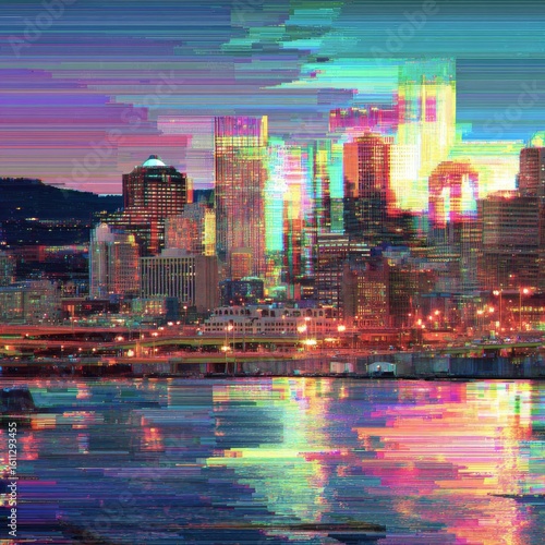 Abstract Digital Art of Glitchy Cityscape with Colorful Lights