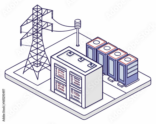 Isolated isometric diagram illustrating data center layout with servers, HVAC cooling, power distribution units, and structured cabling pathways.