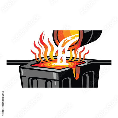 Illustration of molten metal being poured from a crucible into a mold, depicting the metalworking process, with a focus on heat and creation.
