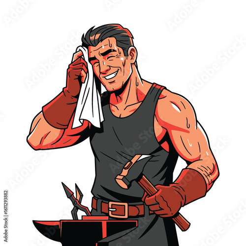 A happy blacksmith wiping sweat after a job well done. A muscular craftsman smiling with his hammer and anvil in a comic style.