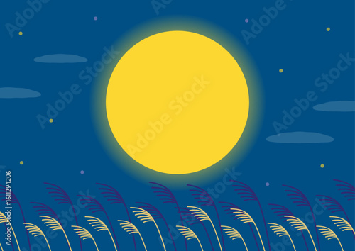お月見の大きな満月とススキの風景、秋の夜の背景イラスト